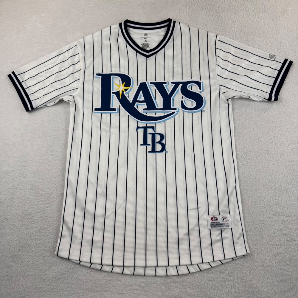 True Fan Tampa Bay Rays Baseball Jersey Mens Small White Pinstripe MLB Mesh Top
